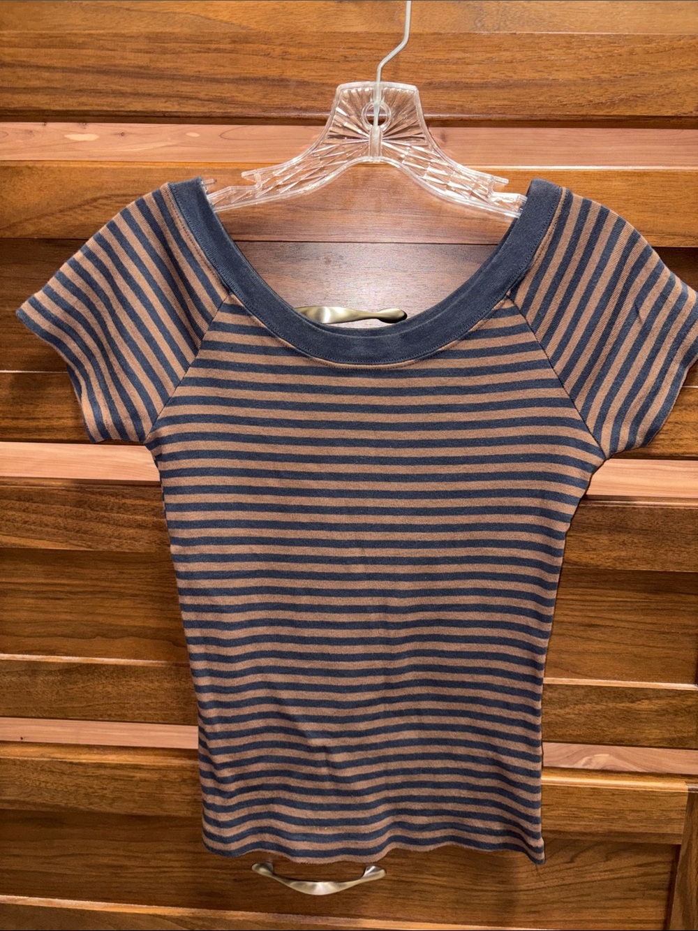 Brandy Melville NWOT Striped Short-Sleeve Scoop Neck Top in Navy and Brown